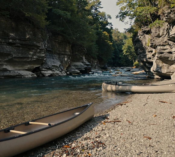 Missouri Ozark river with limestone bluffs and canoe on gravel bar - Missouri dating culture float trips