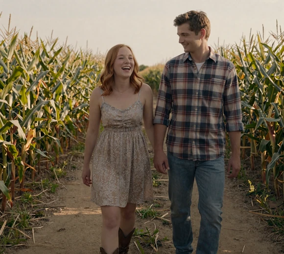 Young couple walking through Indiana cornfields at golden hour - farm dating Indianapolis