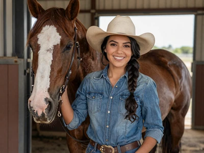 Maria, 29-year-old Texas cowgirl with quarter horse in barn doorway - texas farmers dating