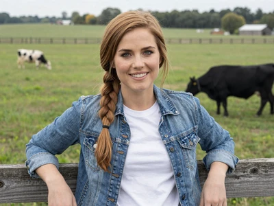 Megan, 27-year-old Iowa cattle farmer smiling by a pasture fence - rural dating Iowa