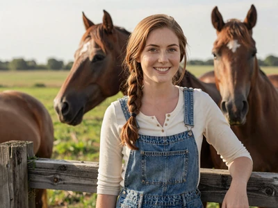Hannah, 28-year-old Indiana equestrian farmer with horses in pasture - rural singles Indiana