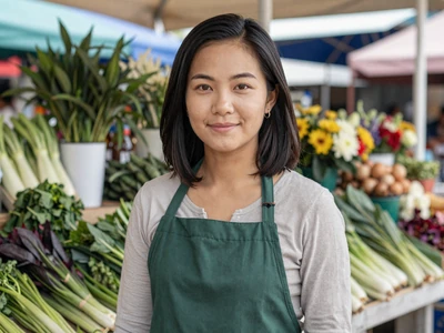 Yia, a 31-year-old Hmong-American flower and vegetable farmer at her market stall