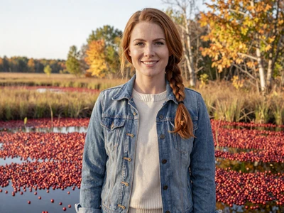 Hannah, 29-year-old cranberry grower smiling in a Wisconsin cranberry bog during fall harvest - rural singles Wisconsin