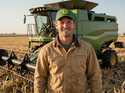 Tyler, 30-year-old Illinois corn farmer smiling next to combine harvester in golden field - illinois farmers dating