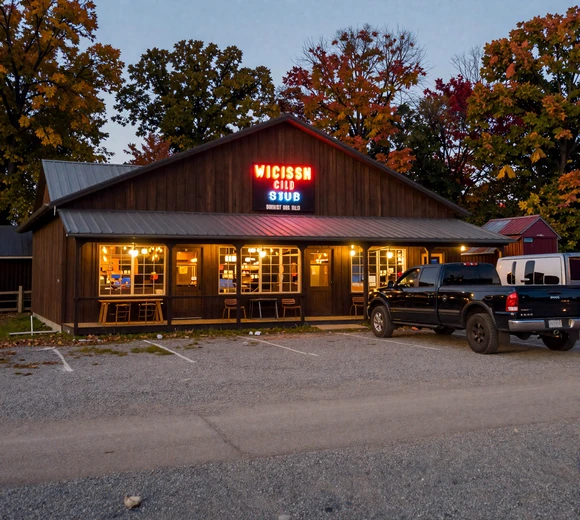 Classic Wisconsin supper club with warm evening lighting and pickup trucks - Wisconsin dating culture