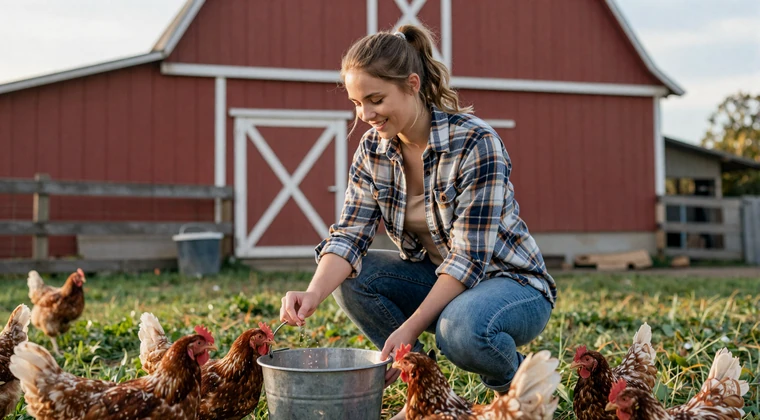 Young woman learning to feed chickens on a farm during her city-to-country transition, smiling in morning light