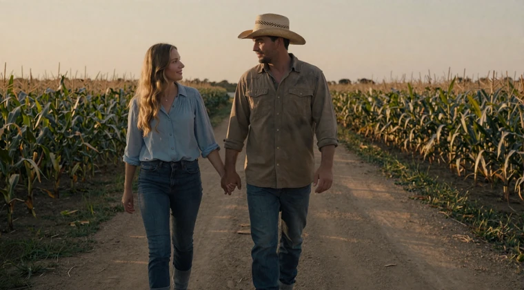 Couple walking hand in hand on a farm dirt road at sunset, city meets country dating moment