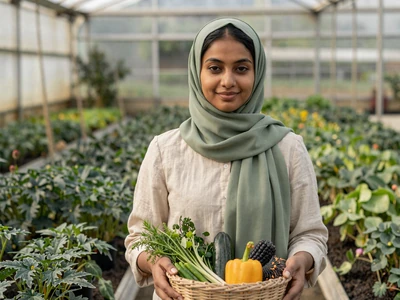 Fatima, a 28-year-old Pakistani-American organic farmer holding fresh herbs in her greenhouse