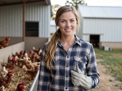 Shelby, 29-year-old poultry farm manager smiling near Alabama broiler house - farm singles Alabama