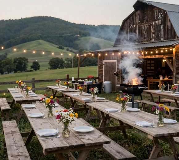 Tennessee barn with string lights and tables set for a community barbecue supper - Tennessee dating culture