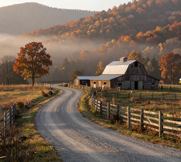 Winding gravel road through East Tennessee mountain farmland with misty Appalachian ridges - Tennessee rural dating challenges