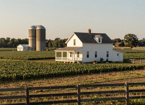 White Indiana farmhouse surrounded by soybean fields with grain silo in background - rural singles Indiana