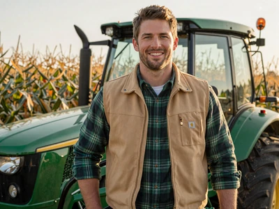 Tyler, 30-year-old Iowa corn farmer smiling by his tractor - farm singles Des Moines