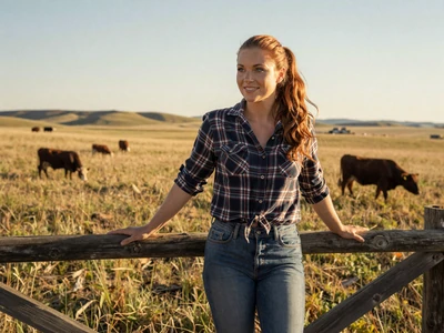 Rachel, 29-year-old Flint Hills cattle rancher leaning on fence with tallgrass prairie - rural singles Kansas