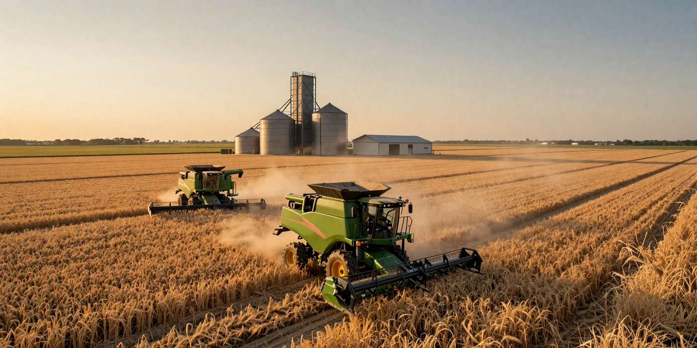 Modern combine harvesters working vast golden wheat fields at sunset - industrial farmers dating