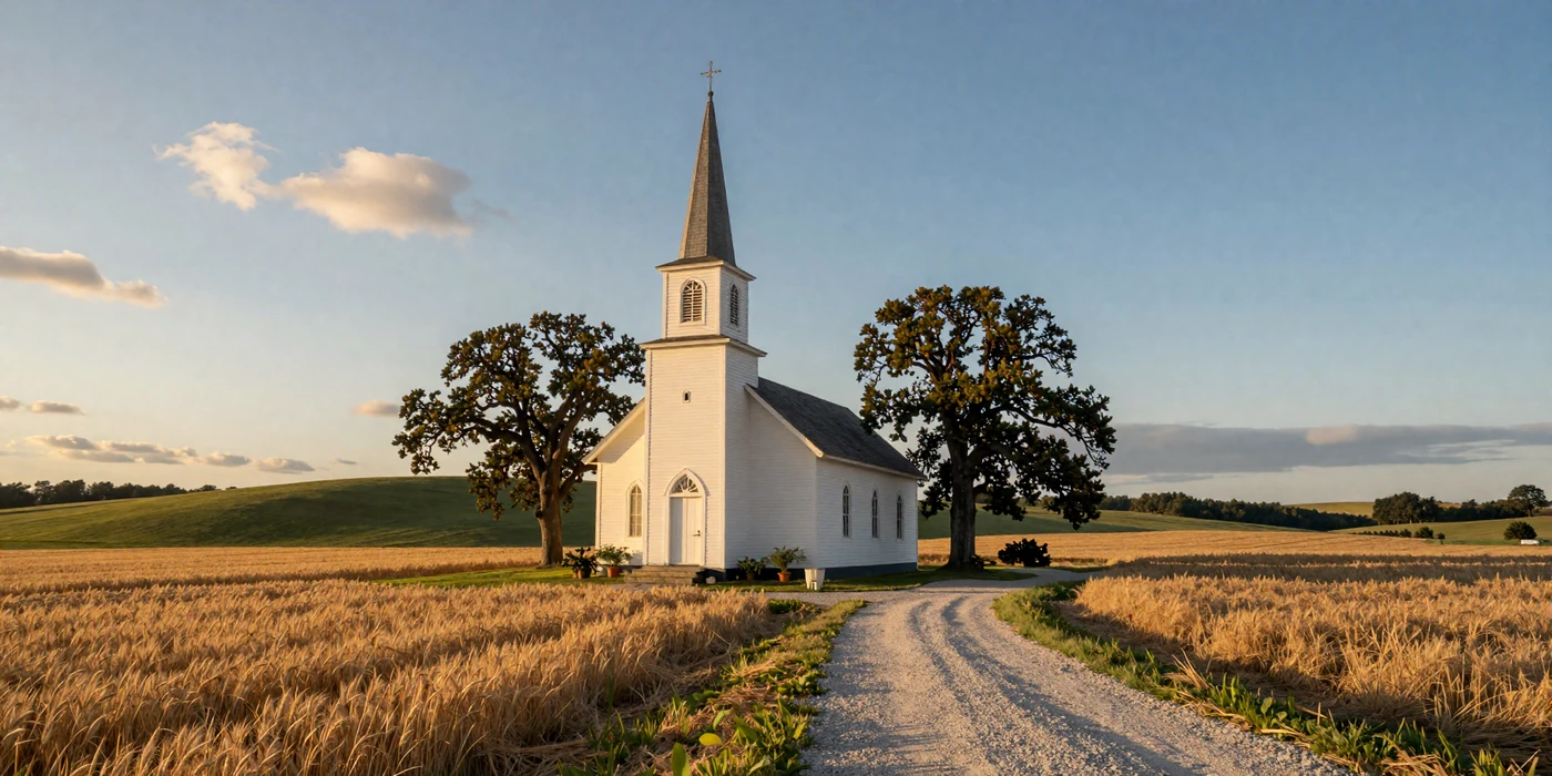 White country church with steeple surrounded by golden wheat fields at sunset - Christian farmers dating
