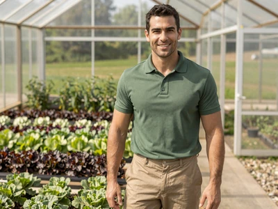 Marcus, 37-year-old organic farmer near Lincoln Nebraska standing by greenhouse - farm singles Omaha area