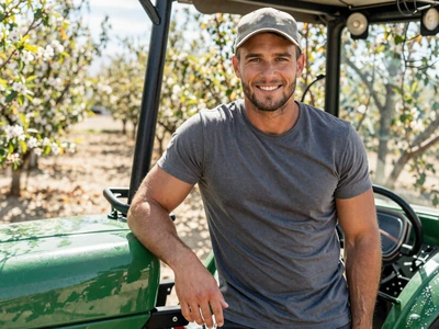 Jake, 34-year-old California almond farmer leaning on tractor in orchard - agricultural singles California