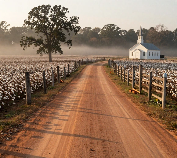 Red clay country road through Alabama cotton fields with white church in the distance - rural Alabama dating challenges