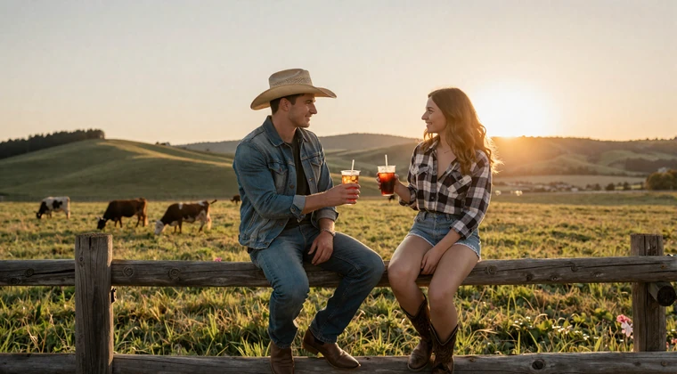 Young couple sitting on a fence overlooking green pastures at sunset, sharing drinks on a country first date