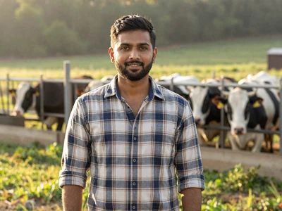 Raj, a 34-year-old South Asian-American dairy farmer standing at his pasture
