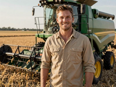Caleb, 32-year-old Arkansas rice farmer smiling next to combine harvester in golden field - arkansas farmers dating
