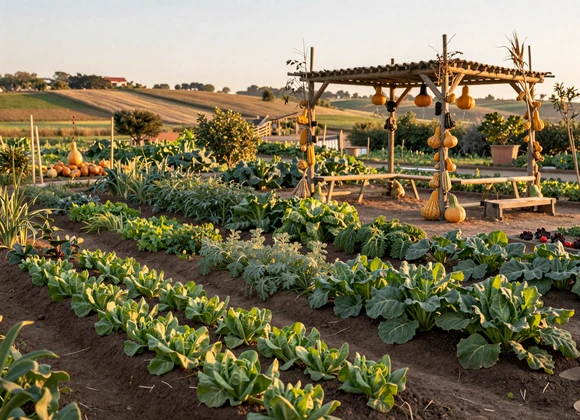 Organic farm garden with a rustic sukkah structure decorated with harvest gourds - kosher farming traditions