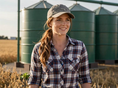 Megan, 28-year-old grain farmer from northern Missouri smiling near grain bins - farm singles Missouri