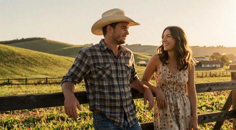 Young farmer couple leaning on a wooden fence at golden hour on a rural ranch, embodying the farmer wants a wife spirit