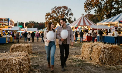 Couple enjoying a county fair on their first date in rural America