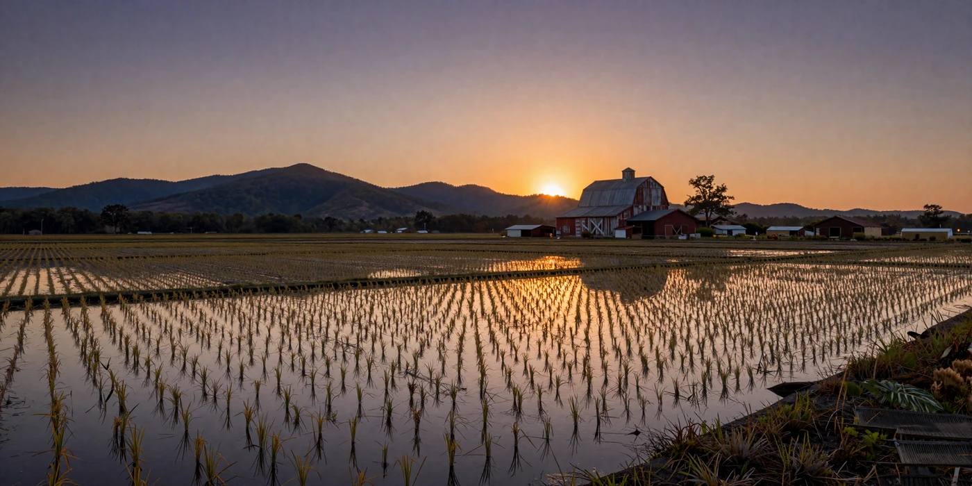 Arkansas rice fields reflecting golden sunset with Ozark foothills in the distance - arkansas farmers dating