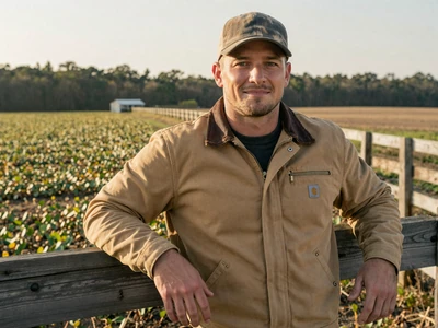 Travis, 37-year-old peanut farmer leaning on fence in Wiregrass Alabama - farm dating Huntsville area