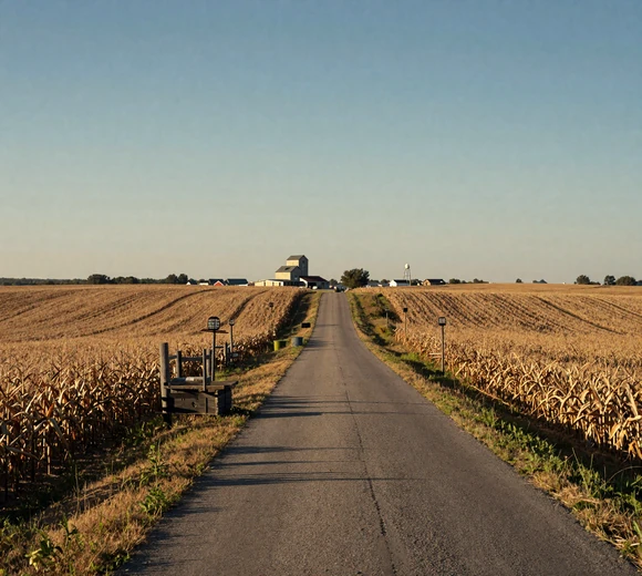 Country road through flat Illinois cornfields with grain elevator on distant horizon - rural dating Illinois