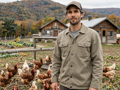 Eli, 38-year-old homesteader standing next to chicken coop on small West Virginia mountain farm - rural dating West Virginia