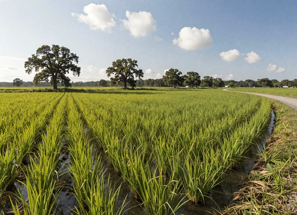 Lush Arkansas rice paddy with green shoots in standing water and levee road - farm dating Arkansas