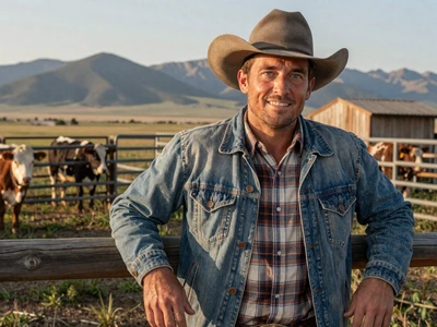 Wyatt, 35-year-old Montana cattle rancher in cowboy hat leaning on corral fence - montana farmers dating