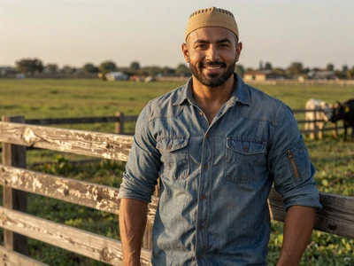 Yusuf, a 35-year-old Muslim-American cattle rancher standing at his ranch fence