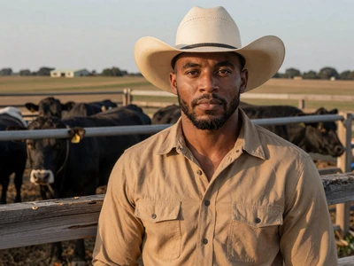 Marcus, a 36-year-old Black cattle rancher standing near his herd in Texas