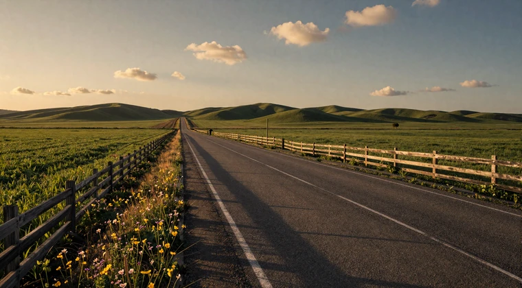 Long country road through green farmland at golden hour representing the distance rural singles travel for love