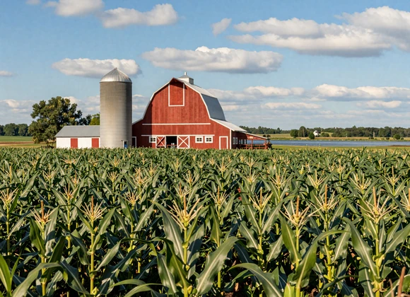 Lush Minnesota cornfield with red barn and grain silo beside a blue lake - farm dating Minnesota