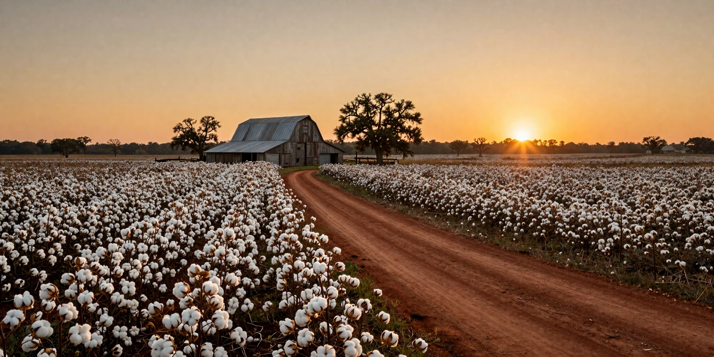 Alabama cotton fields at golden sunset with red clay road and weathered barn - alabama farmers dating