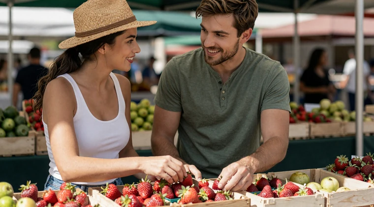 Couple picking fresh strawberries at a farmers market stall on a sunny summer morning, perfect country first date