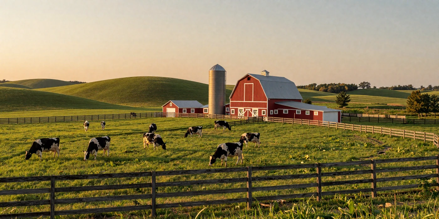 Rolling green Wisconsin dairy pastures with red barn and Holstein cows at golden hour - wisconsin farmers dating