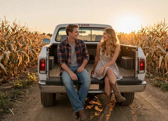Couple sitting on a pickup truck tailgate at sunset in a cornfield - rural singles dating