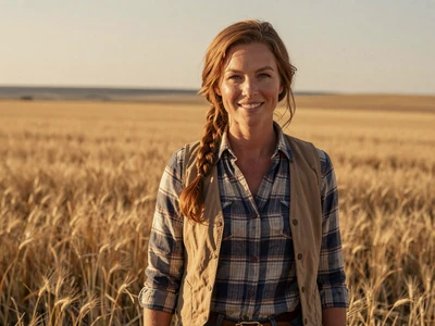 Emma, 30-year-old wheat farmer smiling in golden Montana wheat field at sunset - farm singles Montana