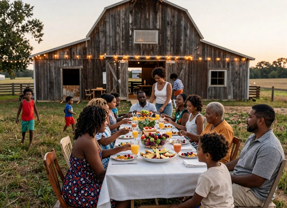 Black family reunion gathering at a rural farm with multiple generations sharing a meal - community values in Black farming