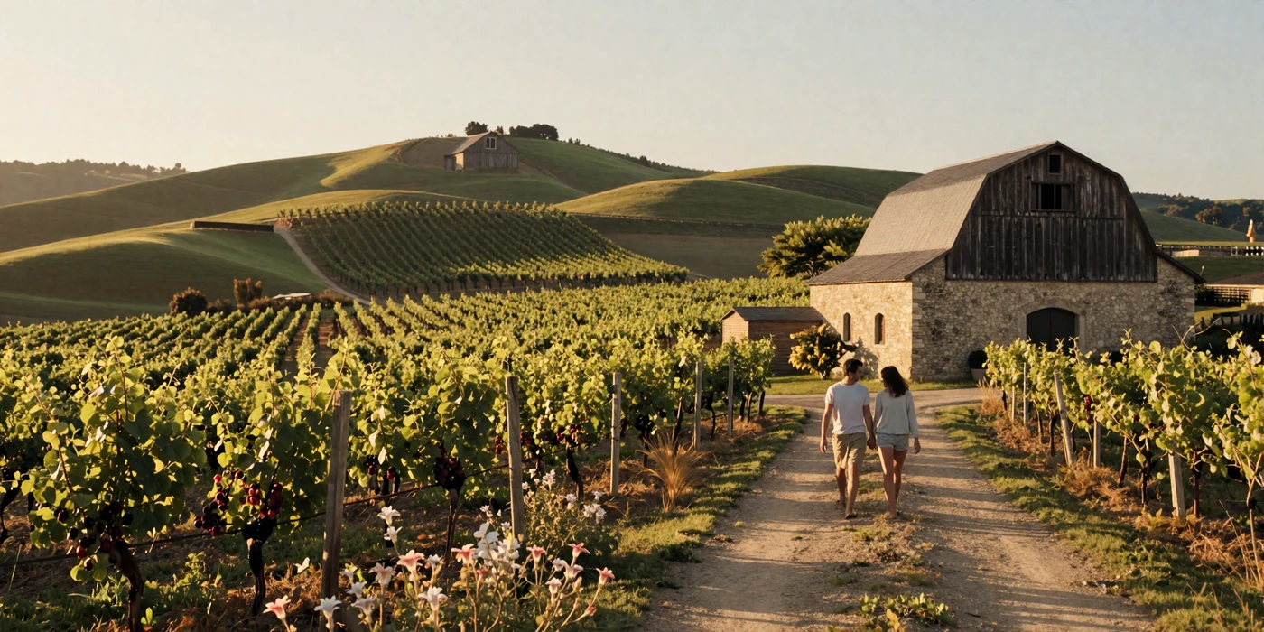 European-heritage American farm with vineyard rows and traditional stone barn at golden hour - European farmers dating