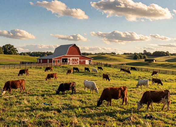 American pastoral farm with cattle grazing on green hills and a red barn in golden sunlight - halal farming values