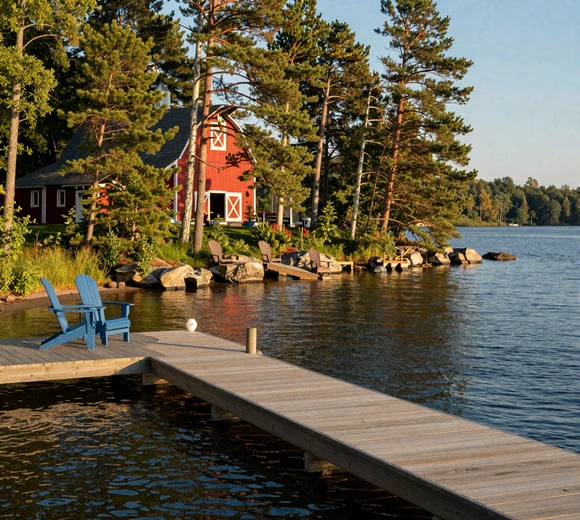 Peaceful Minnesota lake with dock and birch trees near a farmstead at golden hour - minnesota dating culture