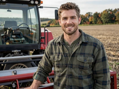 Ethan, 33-year-old Maine potato farmer smiling beside harvesting equipment in Aroostook County field - maine farmers dating